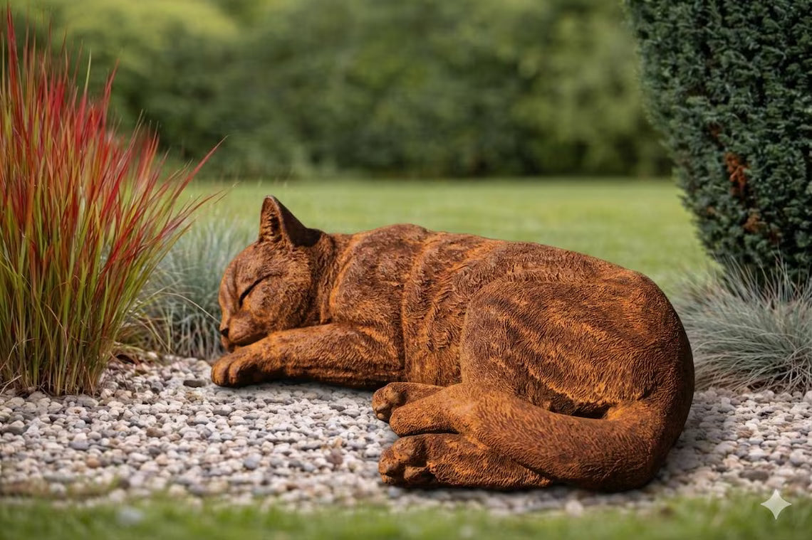 Gartenfigur massiver Steinguss schlafend Katze – Rostpatina handgearbeitet in Deutschland – Frostfest Wetterfest Rost Deko Garten Terrasse