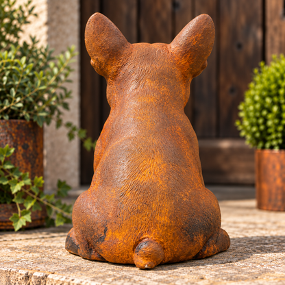 Frenchie Französische Bulldogge Gartenfigur – Steinguss mit echter Rostschicht – handgefertigt, frostfest & massiv – 29 cm