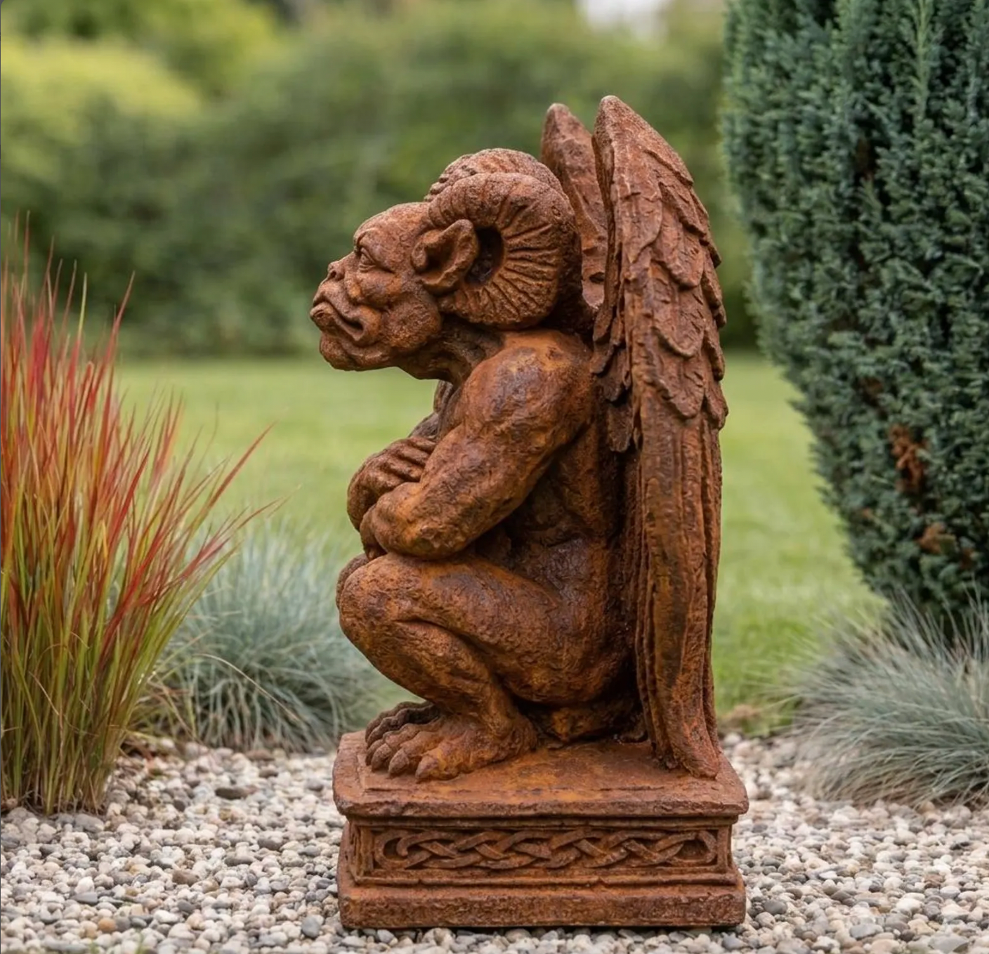 Seitliche Ansicht einer Gargoyle Steinfigur mit echter Rostpatina, wetterfeste Gartendekoration aus massivem Steinguss.