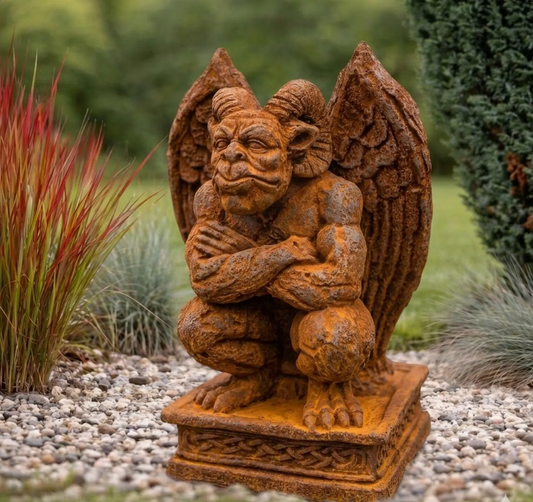 Detailreiche Gargoyle Steinfigur aus massivem Steinguss mit echter Rostpatina im modernen Garten, schräge Vorderansicht.