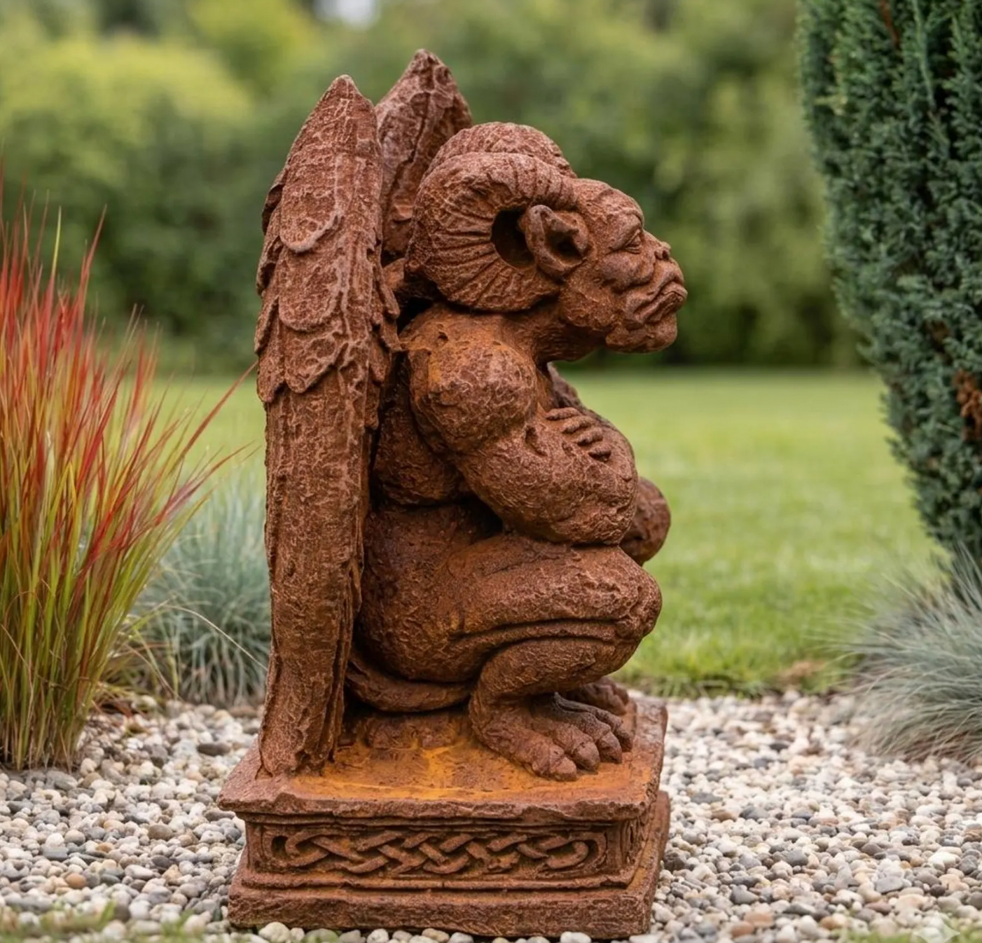 Gargoyle Gartenfigur aus Steinguss mit echter Rostpatina, rechte Seitenansicht der frostfesten Steinfigur.