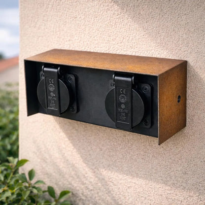 Doppelsteckdose Außen Rost Design | Outdoor Steckdose IP44 230V | Garten Steckdose mit echtem Rost Gehäuse