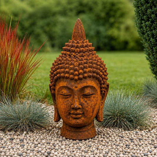 RUSTIGO Shiva-Kopf mit echter Rostpatina – Handveredelte Steinfigur für Garten und Terrasse