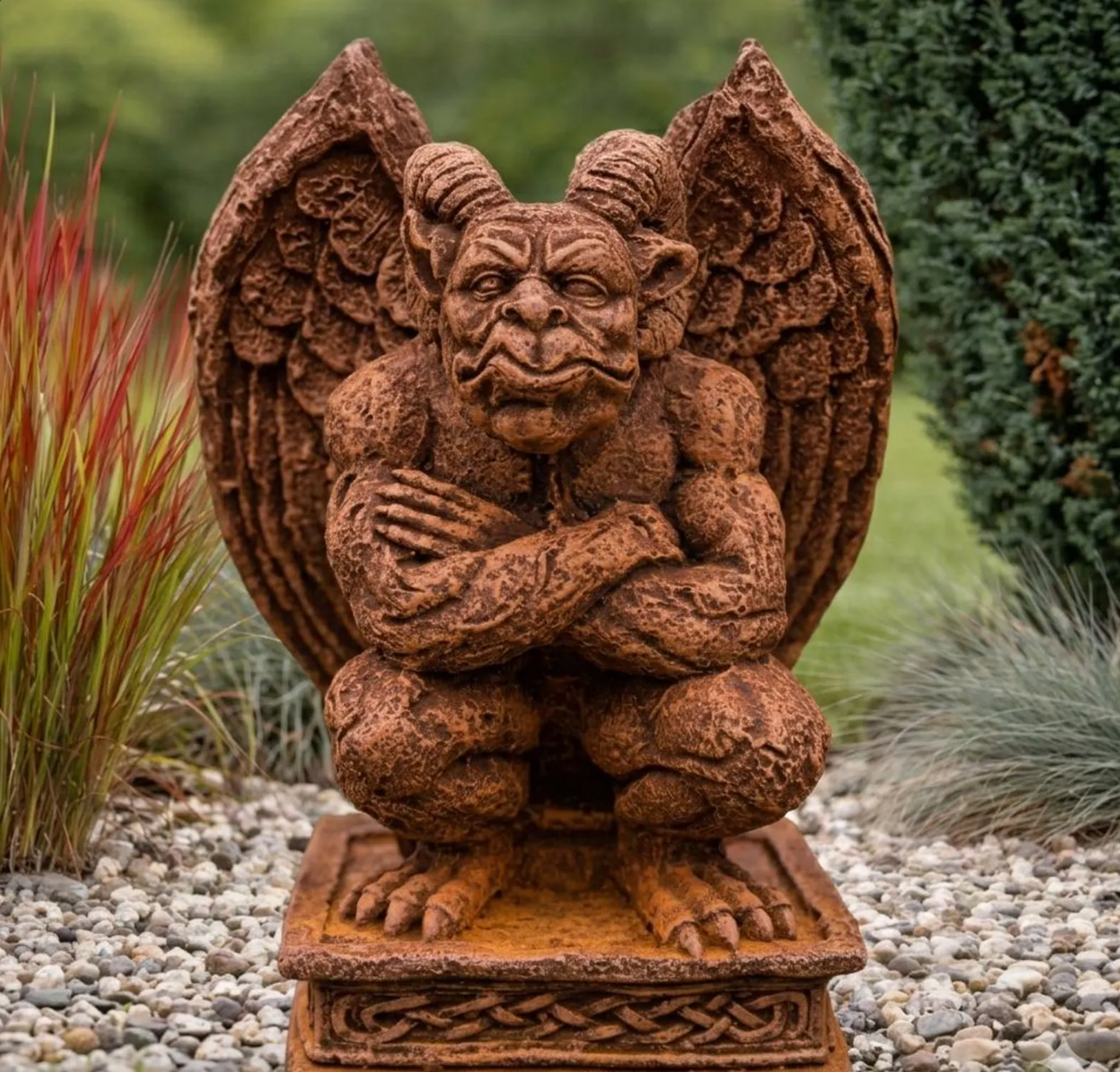 Frostfeste Gargoyle Gartenfigur aus Steinguss mit echter Rostpatina, detailreiche Frontansicht mit großen Flügeln.