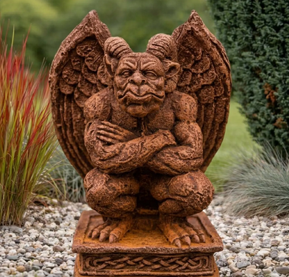 Frostfeste Gargoyle Gartenfigur aus Steinguss mit echter Rostpatina, detailreiche Frontansicht mit großen Flügeln.