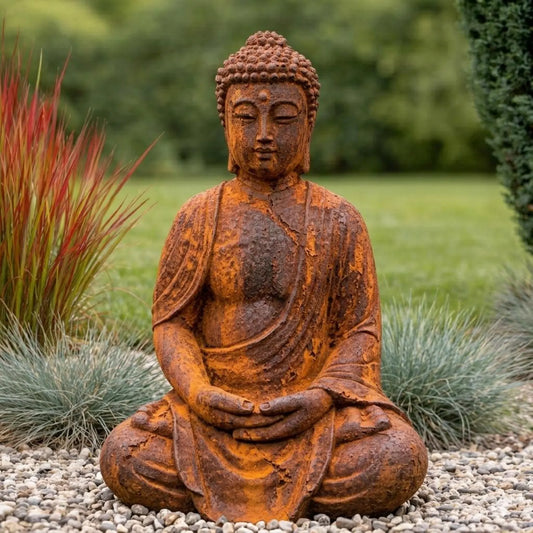 Buddha-Figur mit echter Rostpatina – Handgefertigte Steinguss-Skulptur für Garten & Terrasse