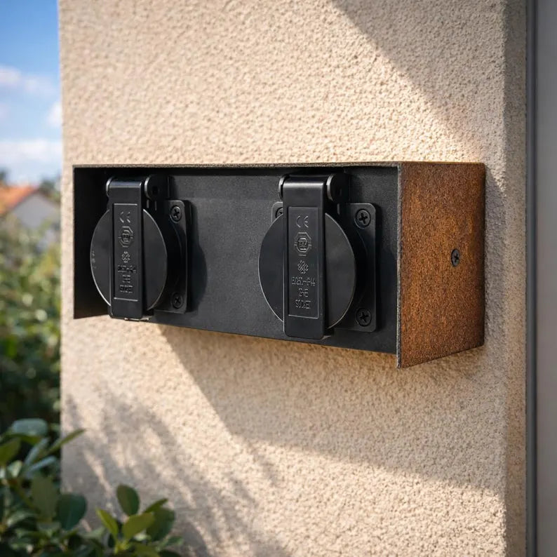 Doppelsteckdose Außen Rost Design | Outdoor Steckdose IP44 230V | Garten Steckdose mit echtem Rost Gehäuse