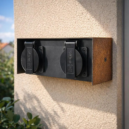 Doppelsteckdose Außen Rost Design | Outdoor Steckdose IP44 230V | Garten Steckdose mit echtem Rost Gehäuse