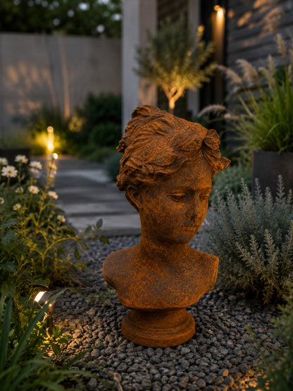 Aphrodite Büste mit echter Rostbeschichtung – Handveredelte Steinskulptur aus massivem Steinguss | Frostfest | Gartendeko | Made in Germany| Gertenfigur