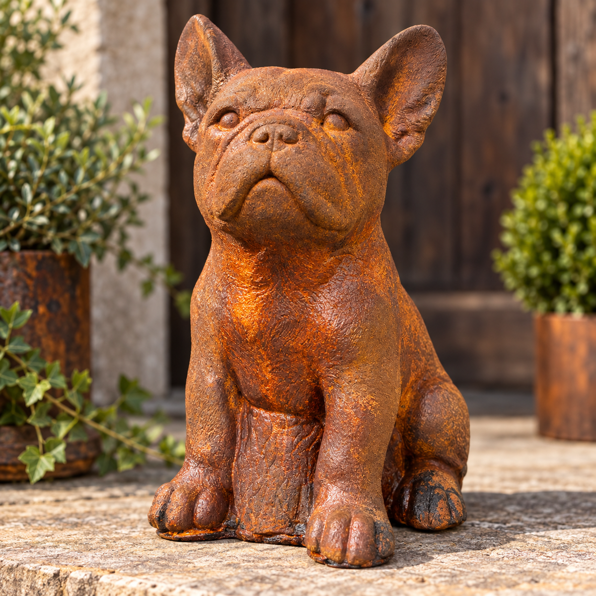 Französische Bulldogge Gartenfigur aus Steinguss mit echter Rostpatina