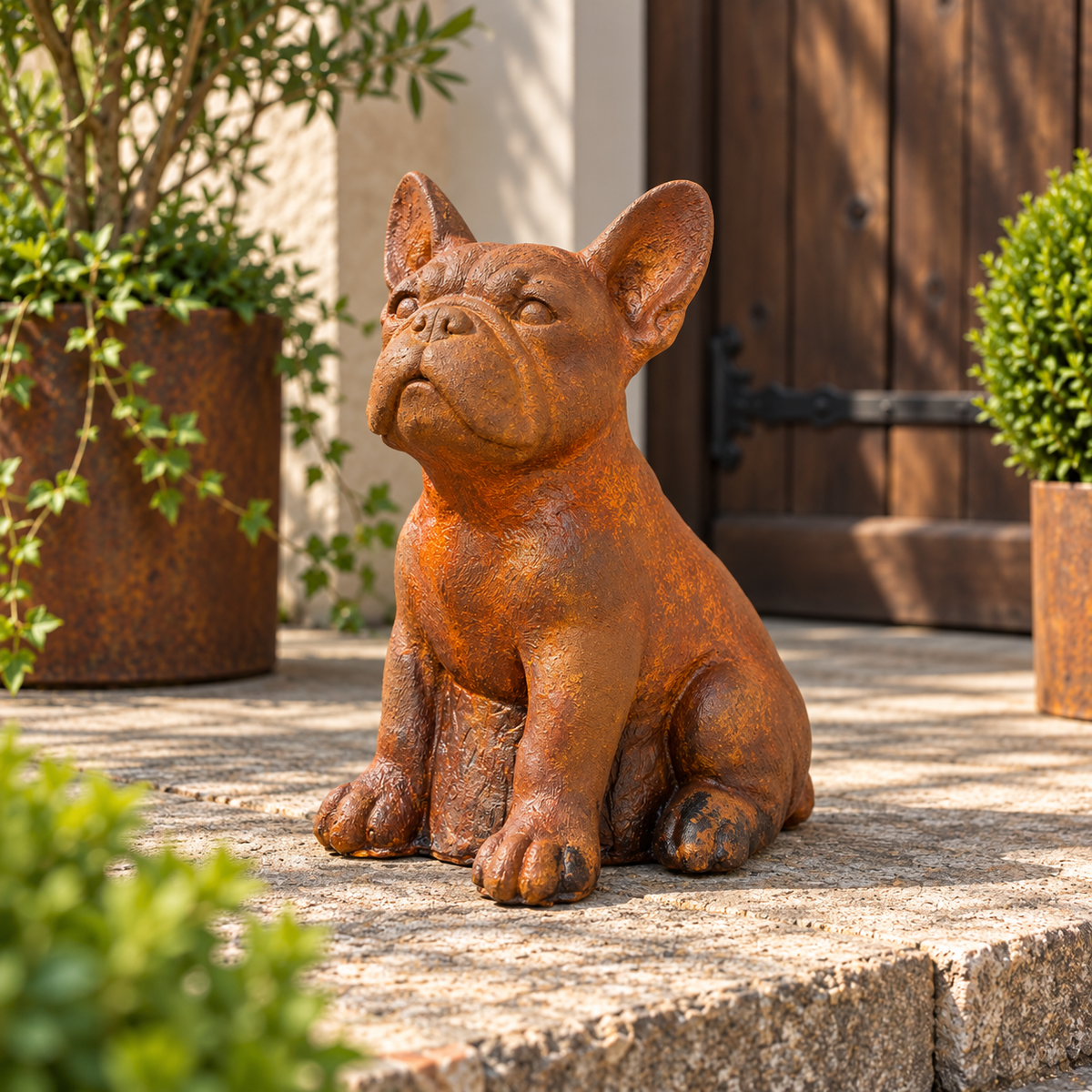 Französische Bulldogge Gartenfigur aus Steinguss mit echter Rostpatina