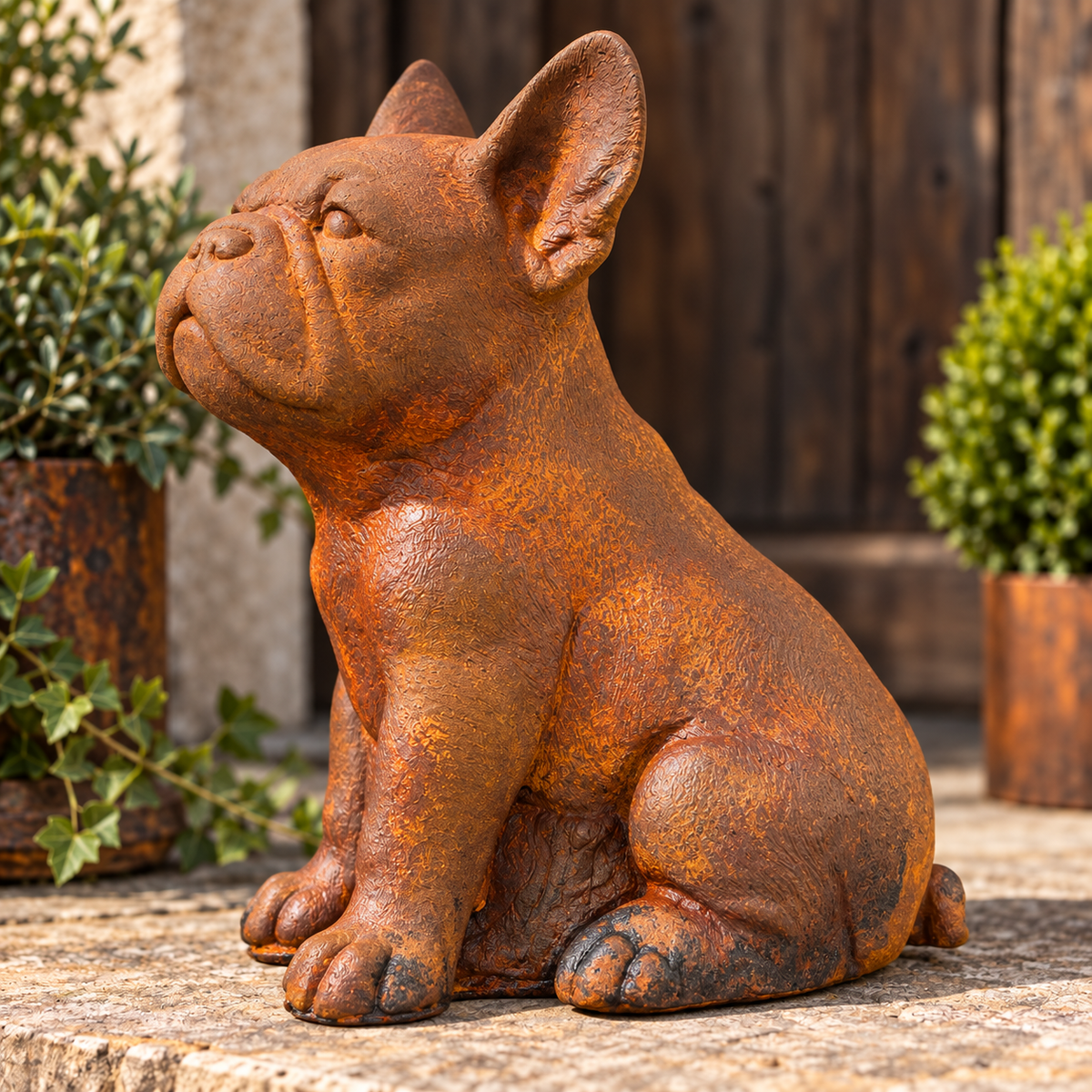 Frenchie Gartenfigur aus Steinguss mit Rostpatina von der linken Seite