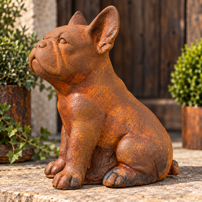 Frenchie Gartenfigur aus Steinguss mit Rostpatina von der linken Seite
