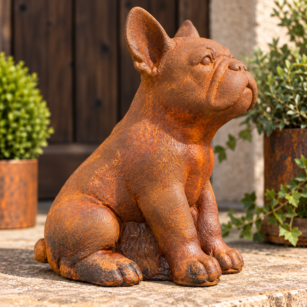 Französische Bulldogge Gartenfigur mit Rostpatina von der rechten Seite