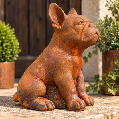 Französische Bulldogge Gartenfigur mit Rostpatina von der rechten Seite