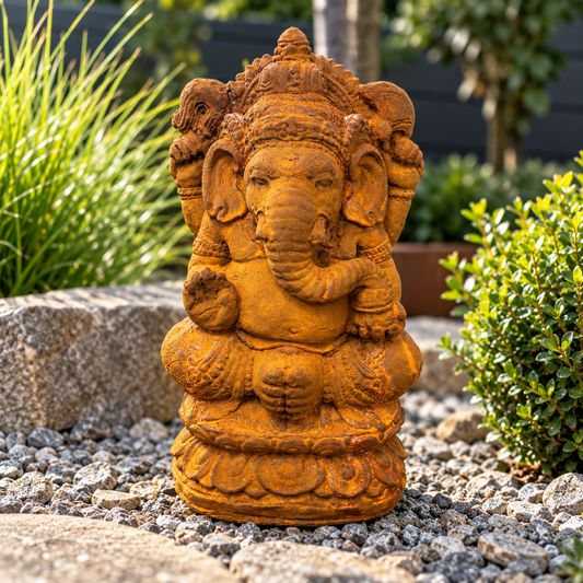 Ganesha Gartenfigur 35 cm aus massivem Steinguss in Rostoptik im Garten