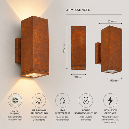 Rust Up & Down Außenwandleuchte – Echte Rostbeschichtung | GU10 | IP44 | 110V & 230V